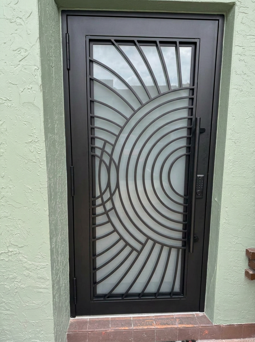 Black aluminum door with radial arc design and frosted glass