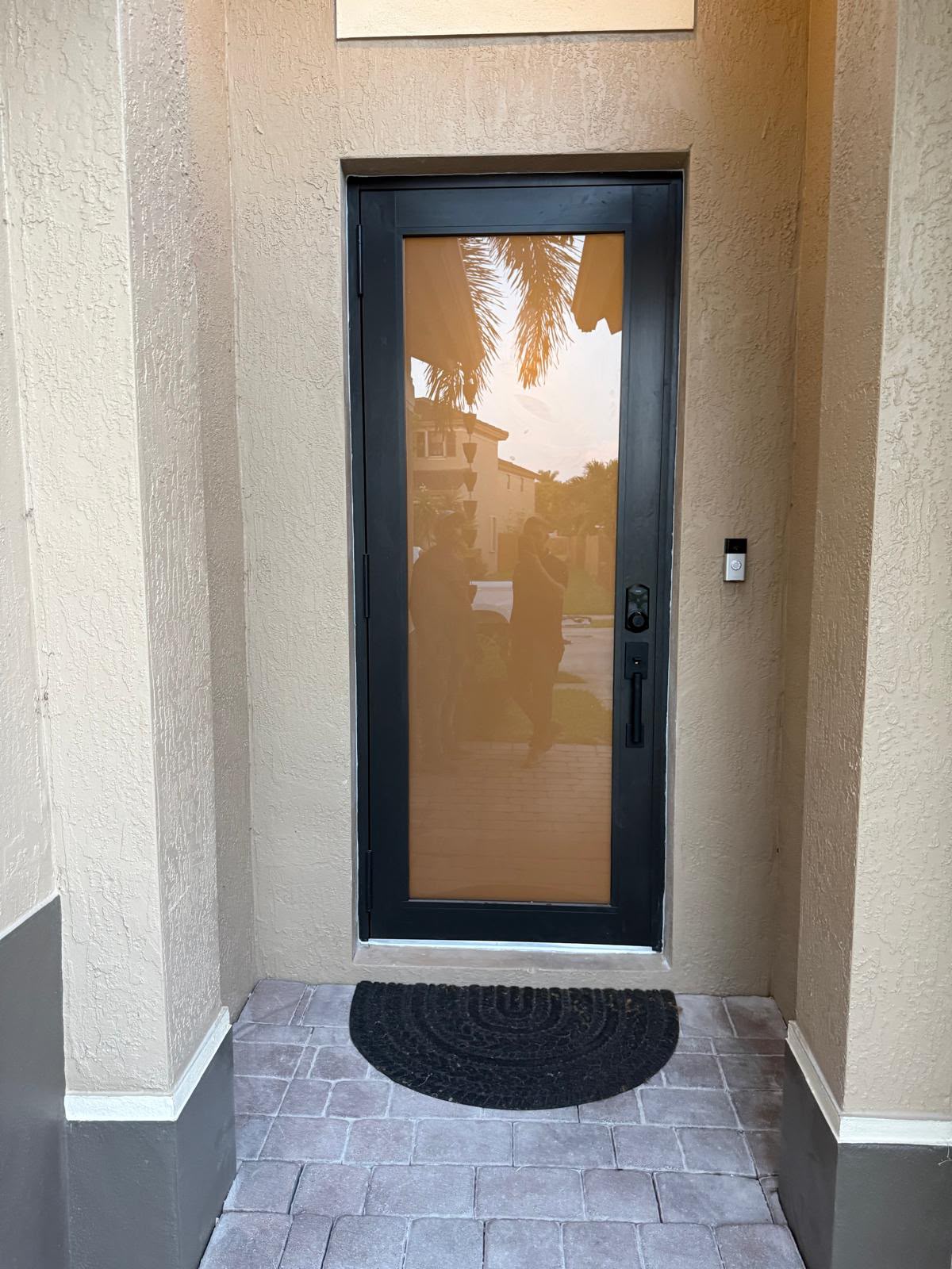 Full-lite black aluminum entry door with bronze reflective glass