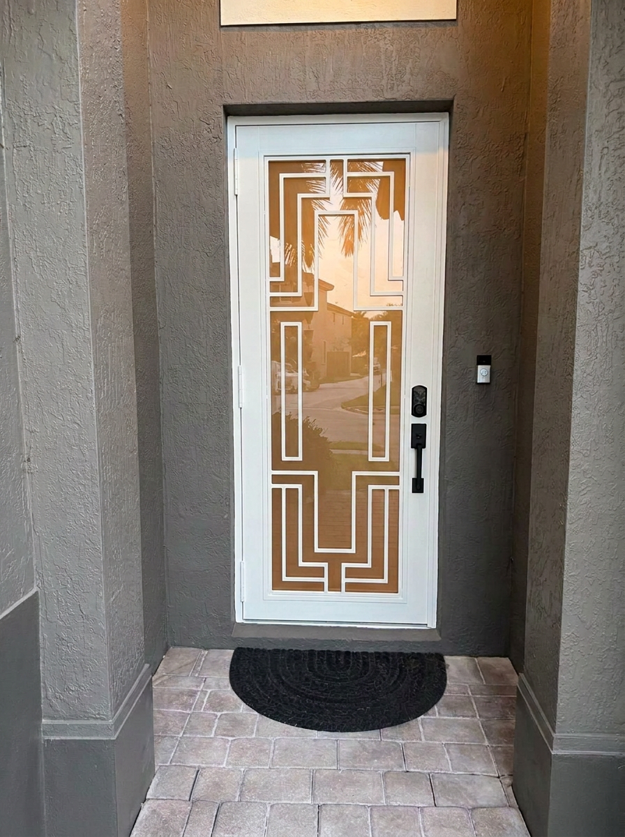 White Art Deco aluminum entry door with impact glass
