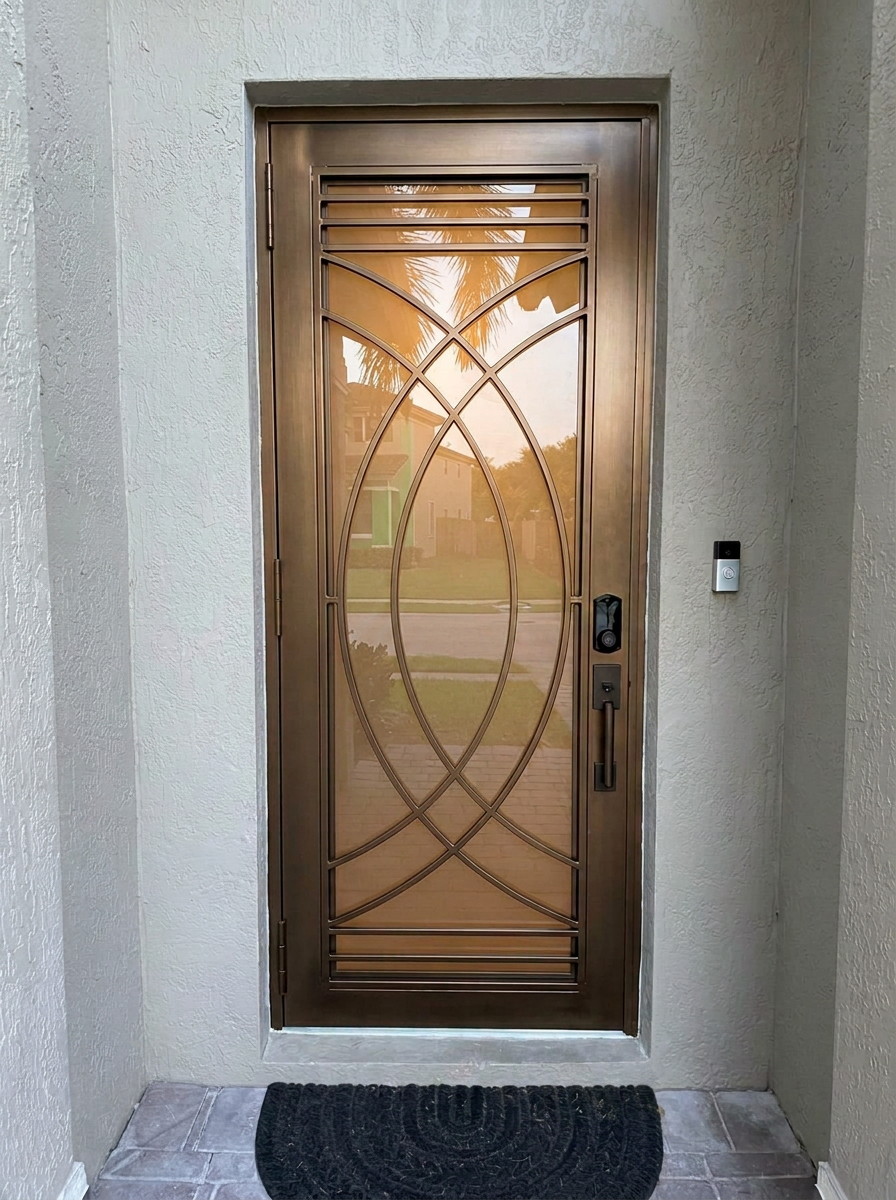 Custom bronze aluminum entry door with elliptical grille
